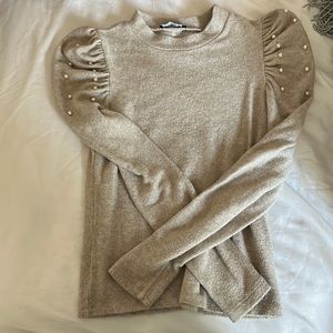 Camel colored pearl detail on shoulder sweater